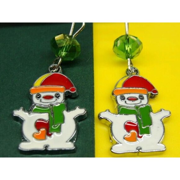 Vertical Drop Dangle Hook Earrings Womans Snowman Green Bead Winter Silver Tone - Picture 2 of 7